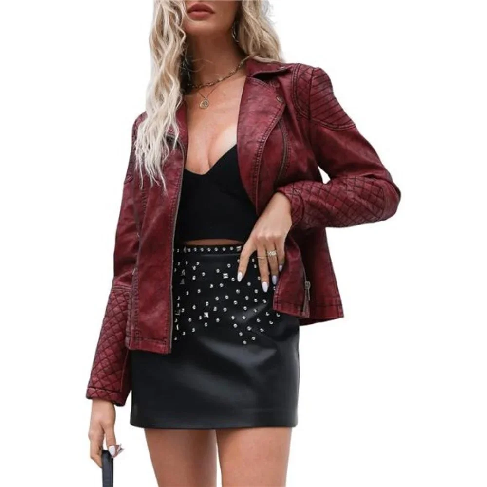 Red Faux‎ Leather Moto Jacket Fitted Quilted Bomber Motorcycle Biker Jacket Coat